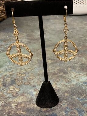 Gold Tone Crystal Peace Sign Drop Earrings - Women Jewelry